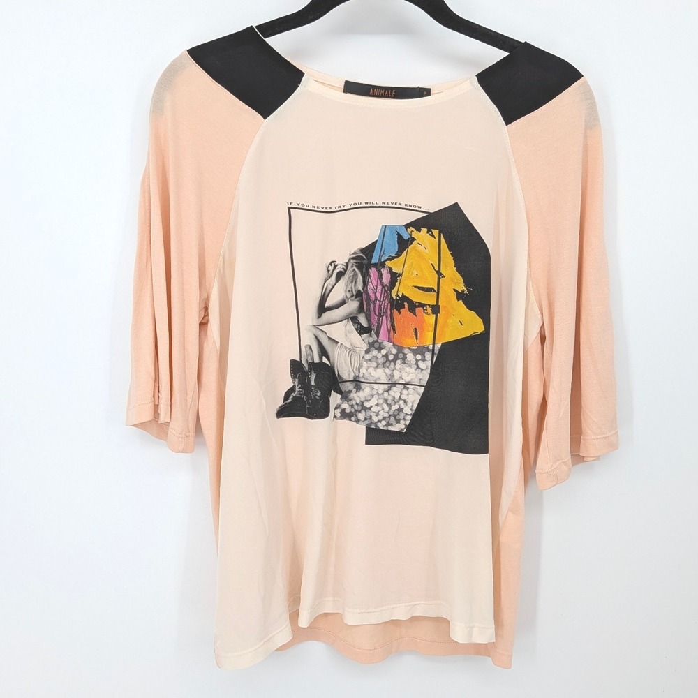 Animale Graphic‎ Tee Women Small Peach Silk Blend Raglan 3/4 Sleeve Retro Artsy